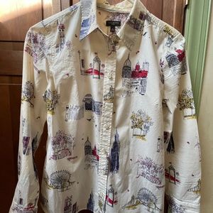 TALBOTS, Small petite, Cream with Multi-Color Scenes Button Down Blouse